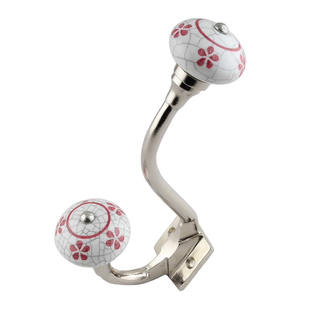 Pink Floral Crackle Ceramic Silver Iron Hook